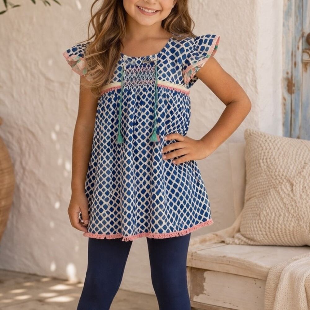 Matilda Jane Blue White Wandering Waters Smocked Tassel Top NWT 14